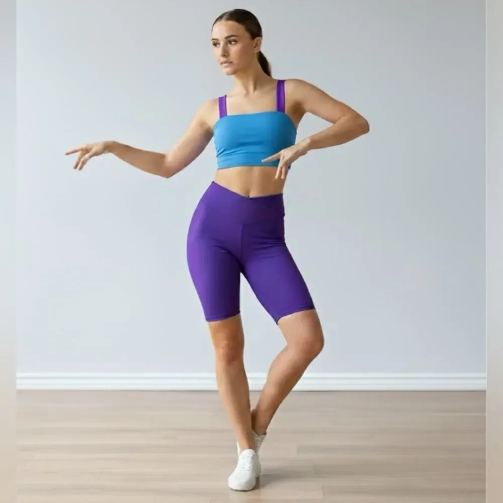 Theatricals 2 piece dance set Purple Bike Shorts Sports Bra crop top AXS NWT